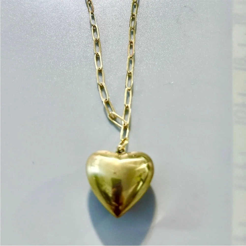 Vintage Brass Puffy Heart Pendant Necklace on a Gold Filled Oval Link Chain, 22”